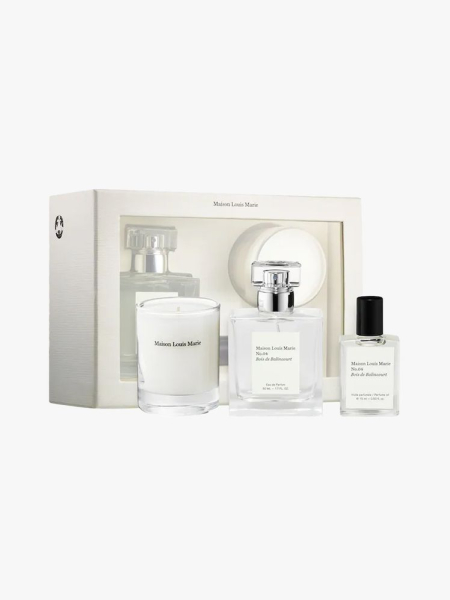 Maison Louis Marie No. 04 Bois de Balincourt Luxury Perfume Gift Set in branded components on a light gray background