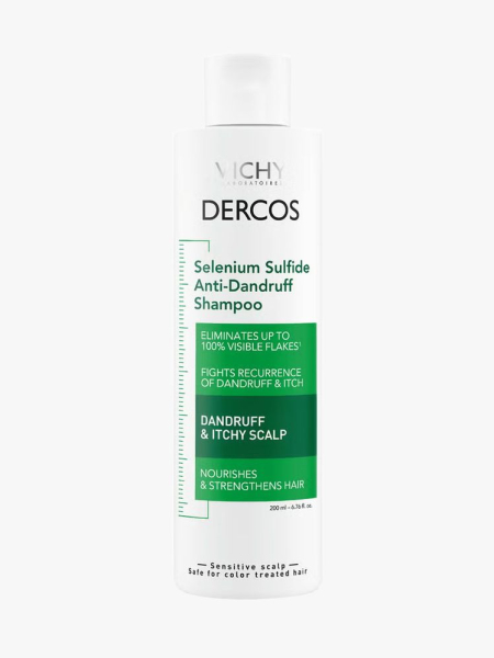 Vichy Dercos Selenium Sulfide Anti-Dandruff Shampoo in branded component on a light gray background