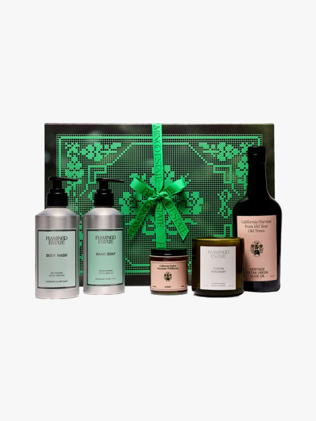 Flamingo Estate The Garden Tour green box with soap, candles, and kitchen goods on light gray background
